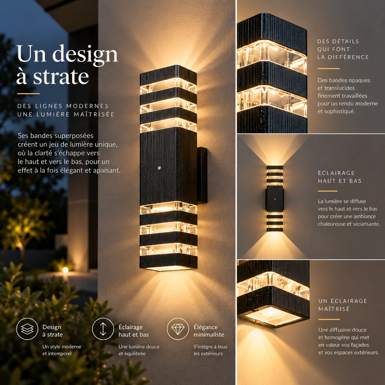 Applique murale extérieur double éclairage LED ｜ Ovo