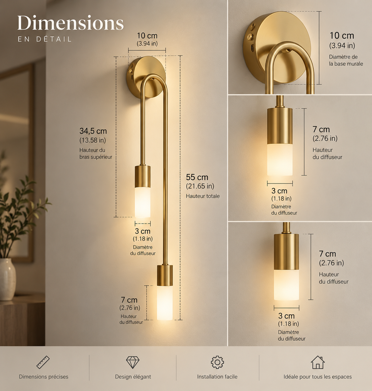 Applique murale design double tige LED ｜ Duoréa